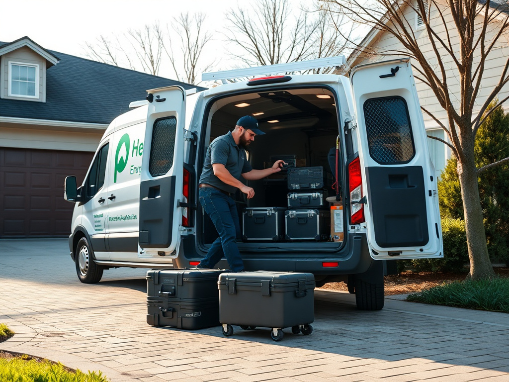 Diagnostic technician setting up testing equipment inside a home