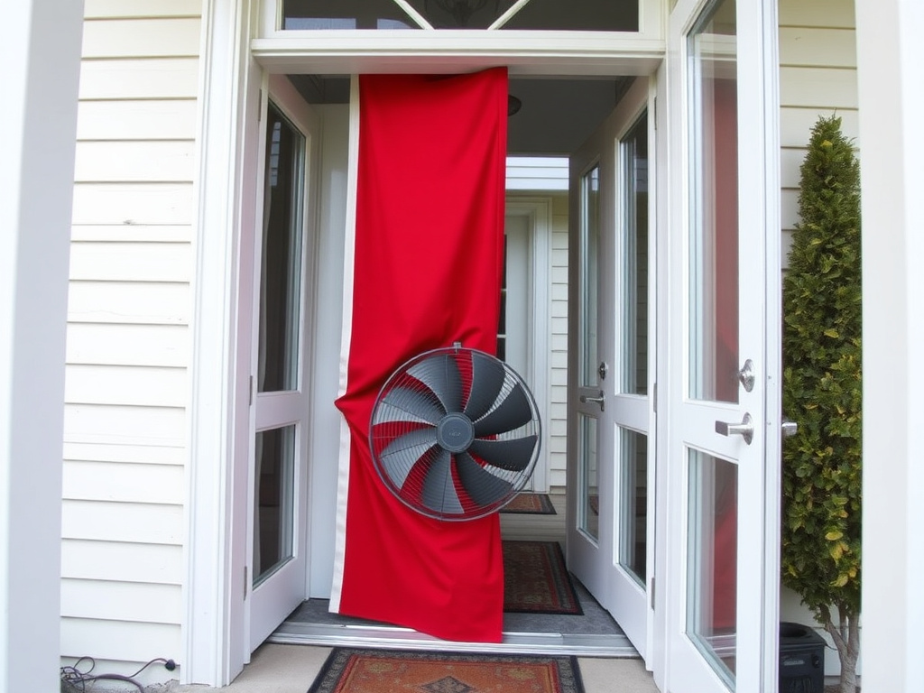 Blower door testing equipment mounted in a doorway with a digital gauge display