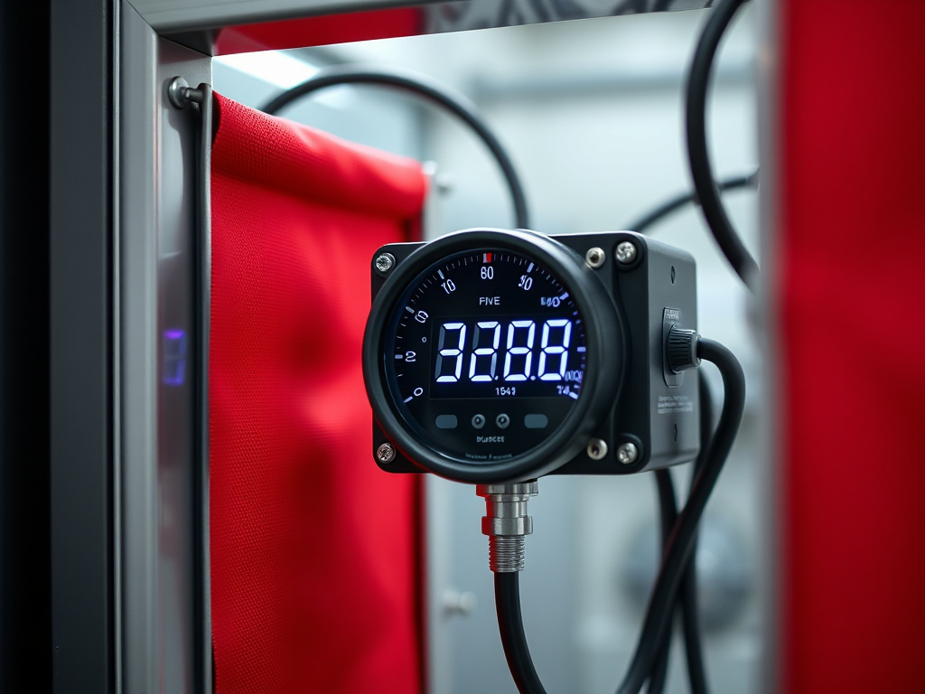 Close-up of a blower door testing rig mounted in an exterior doorway with a digital manometer