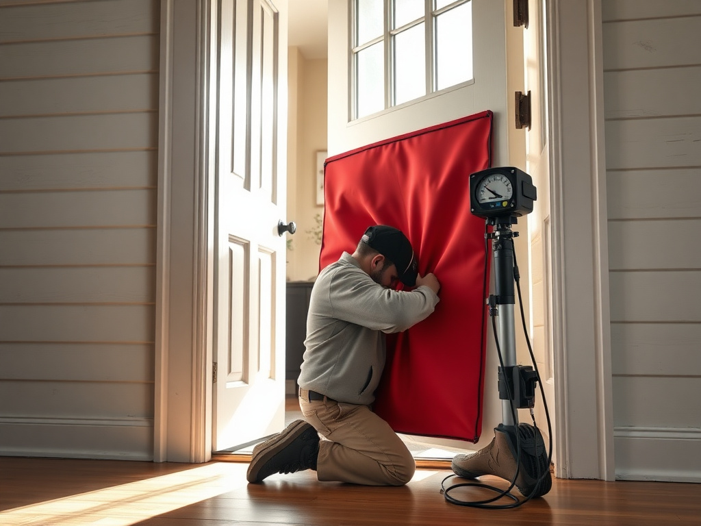 Technician performing a blower door test at a home's front door with a digital manometer