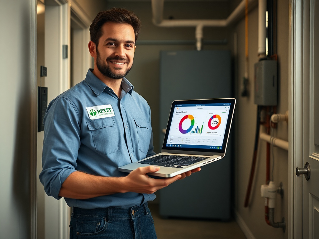Energy auditor entering diagnostic test data on a tablet during a home inspection