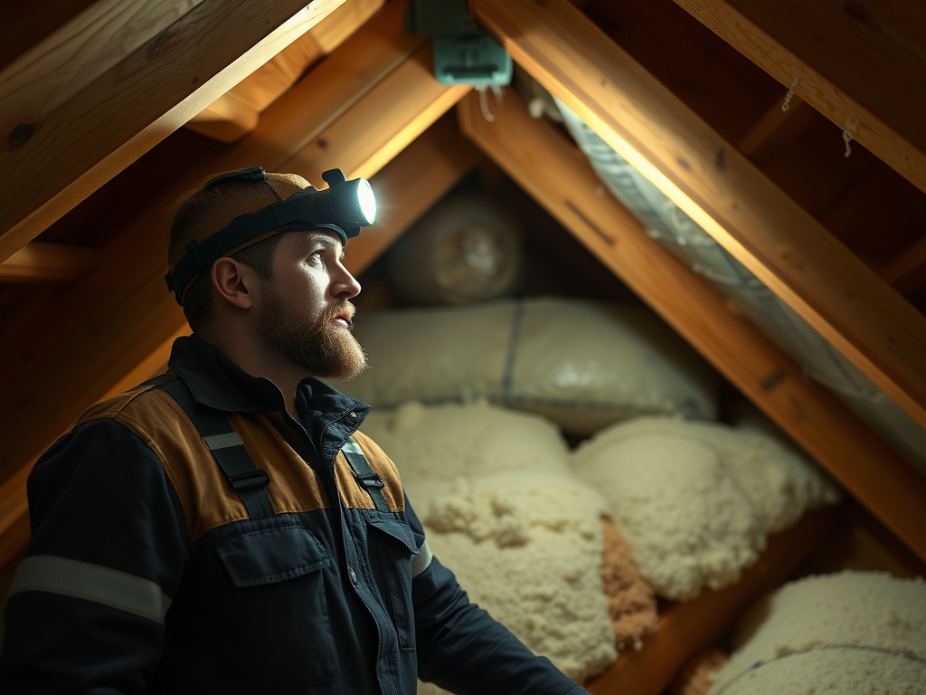 Technician inspecting attic insulation depth and thermal bypass points
