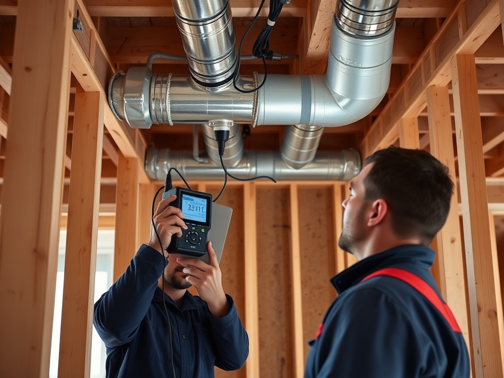 Technician performing duct blaster and blower door testing at a new construction site
